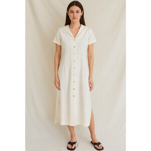 Vintage Statement Ivory Long Shirt Dress Sailor Collar ,side slit Button 12